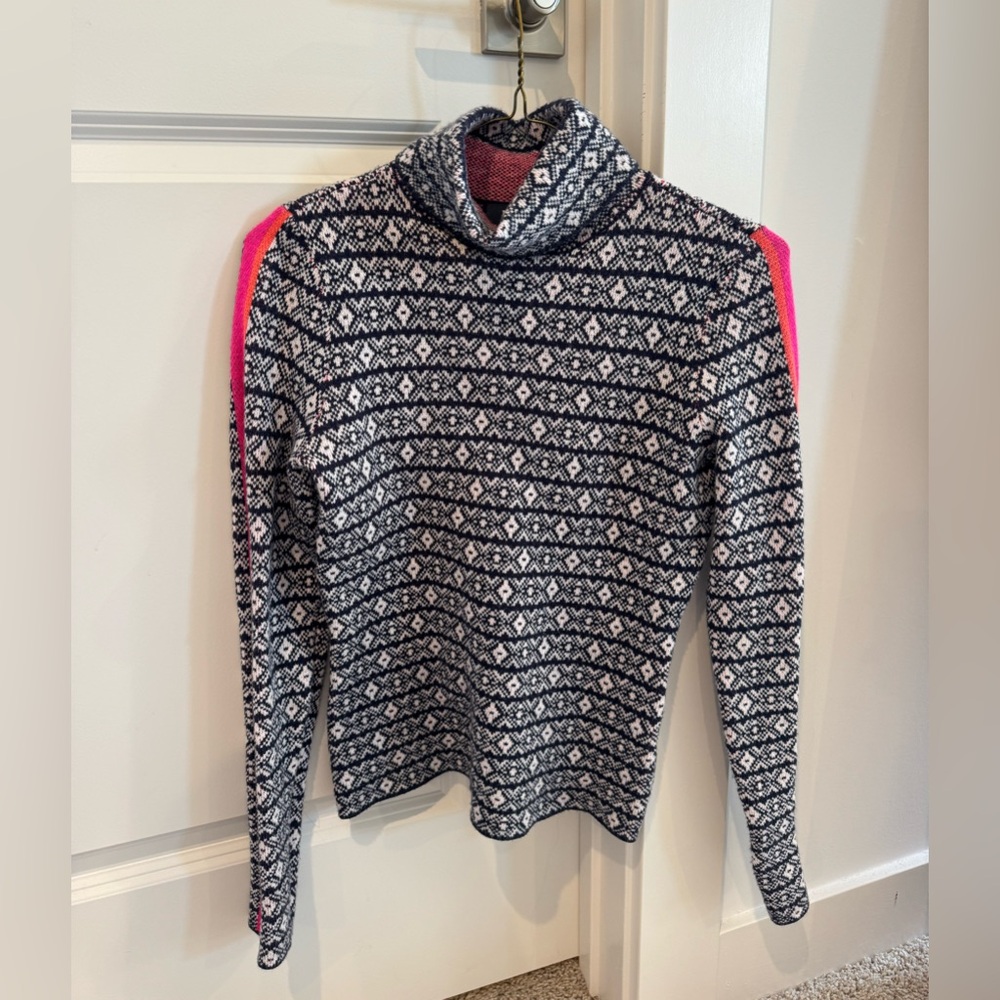 Anthropologie Navy & White Fair Isle Turtleneck with Pink/Orange Accents